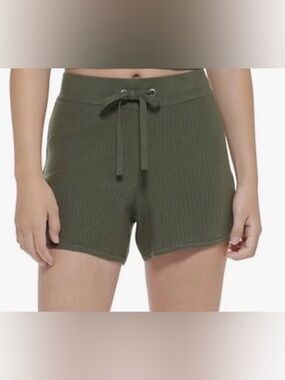 Calvin Klein Women's Ribbed Drawstring Lounge Shorts - Olive Green Size Medium